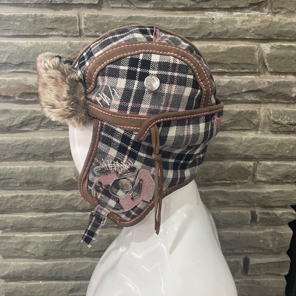 True Religion Trapper Hat, Pink Gray Plaid, L/XL